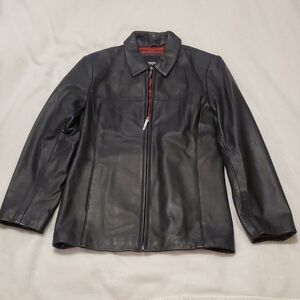 Mossimo Supply Co. Black Genuine Leather Zip-Up Bomber Jacket With Red Liner
